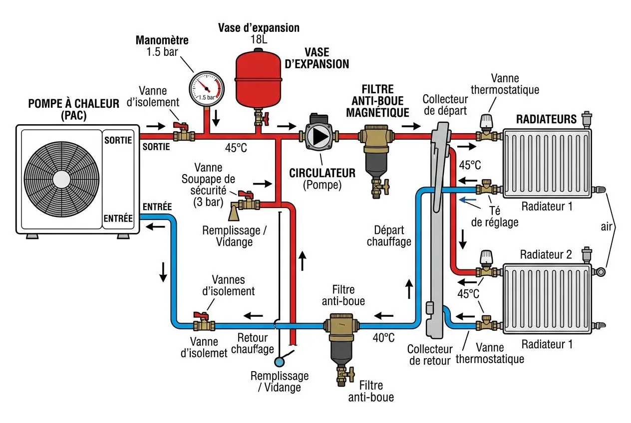 Schéma illustrant le fonctionnement d’une pompe à chaleur (PAC) et les circuits de fluide chaud/froid avec radiateurs, vannes et sécurité. Toutefois la mention « ma pompe à chaleur ne démarre » n’est pas citée ici, ce schéma montre les composants et débits existants.