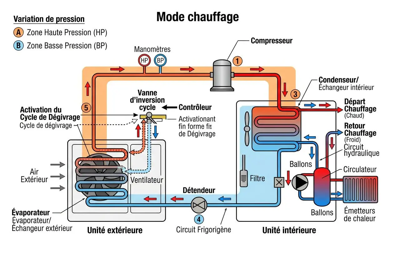 Schéma montrant le circuit d’une pompe à chaleur : unité extérieure et intérieure, composants du cycle frigorifique, et flèches de circulation.
