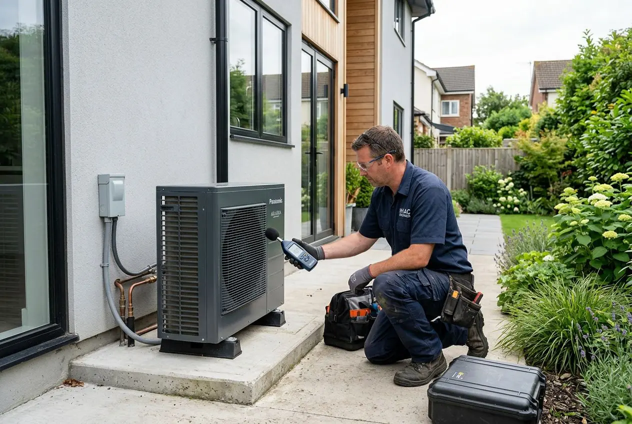 Technicien mesurant le bruit d’une pompe à chaleur extérieure installée sur socle en terrasse.