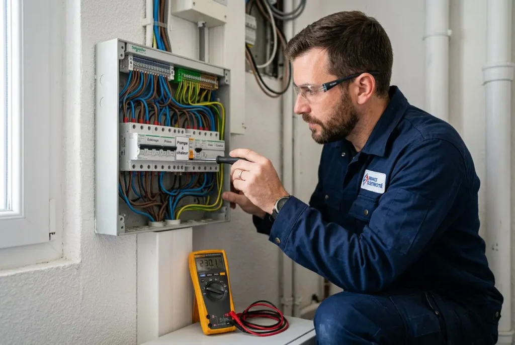 Technicien vérifiant un tableau électrique de pompe à chaleur avec multimètre, pour diagnostiquer “ma pompe à chaleur ne démarre”