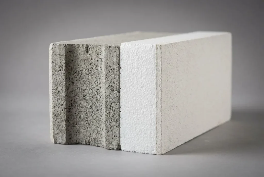 Bloc de polystyrène gris et blanc utilisé pour l’isolation extérieur 5 cm, coupe nette en façade.