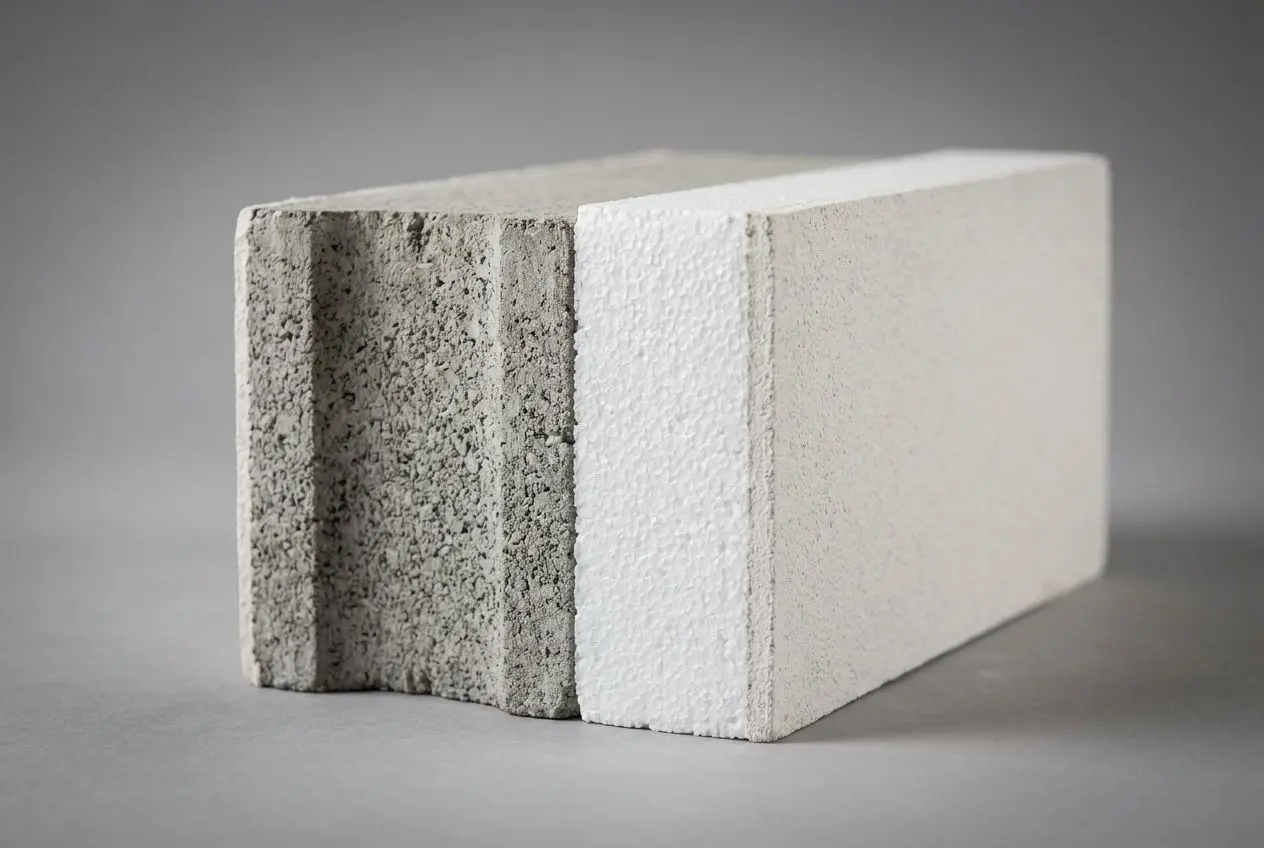 Bloc de polystyrène gris et blanc utilisé pour l’isolation extérieur 5 cm, coupe nette en façade.