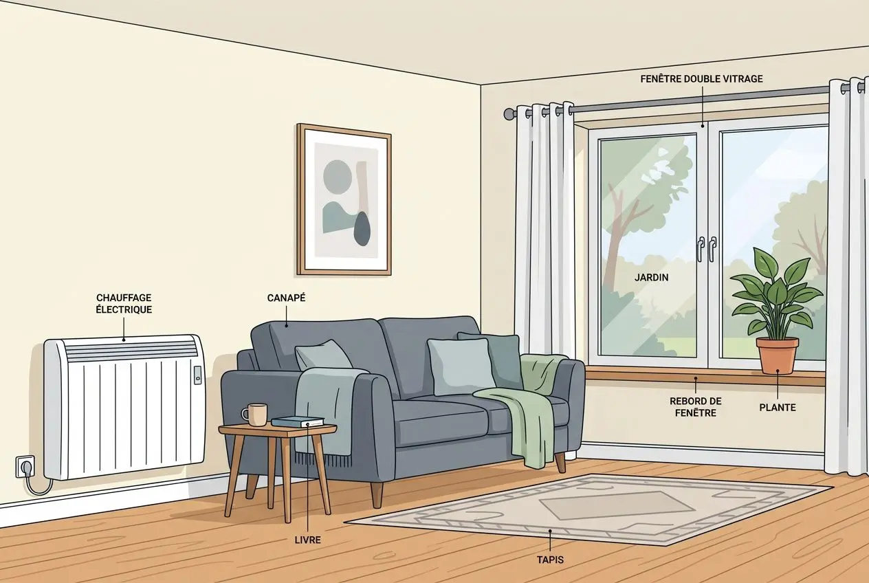 Canapé et radiateur électrique dans un salon lumineux, avec table basse, tapis et plantes près d’une fenêtre, montre le chauffage gaz ou électrique?