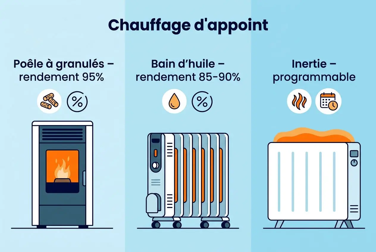 Chauffage économique pour appartement: illustration montrant trois options, poêle à granulés performant, radiateur bain d’huile efficace, et appareil d’inertie programmable, adaptés à l’appartement.