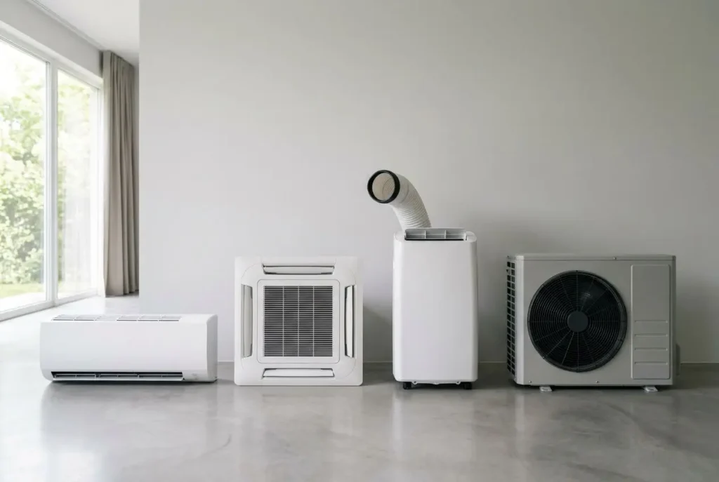Climatisation et unités extérieures variées alignées dans un salon lumineux, prête à être choisie pour une climatisation choisir pour une maison.