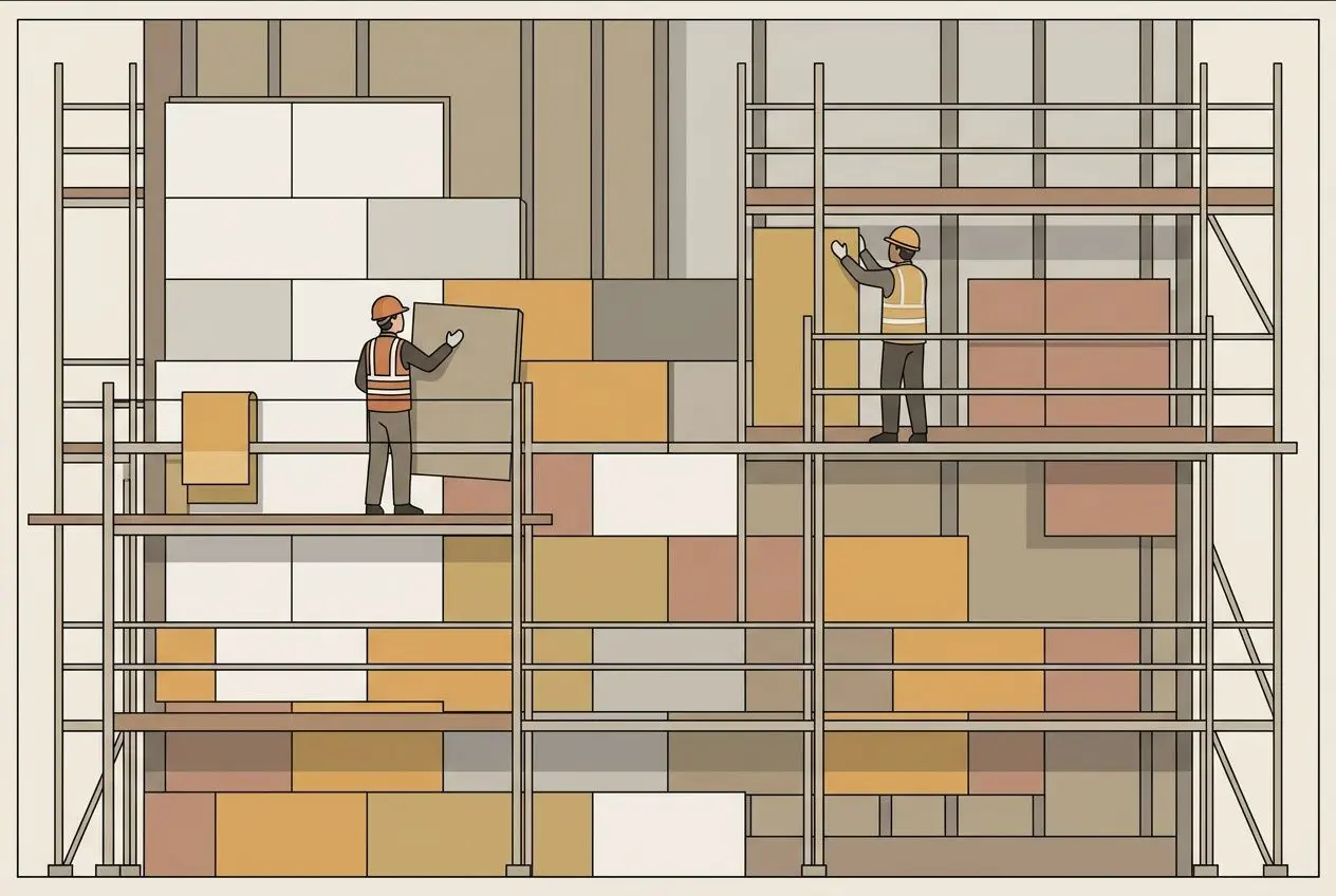 Comparatif: construction avec diff isolation intérieure et extérieure, deux ouvriers posant des blocs isolants sur une structure de scaffolding