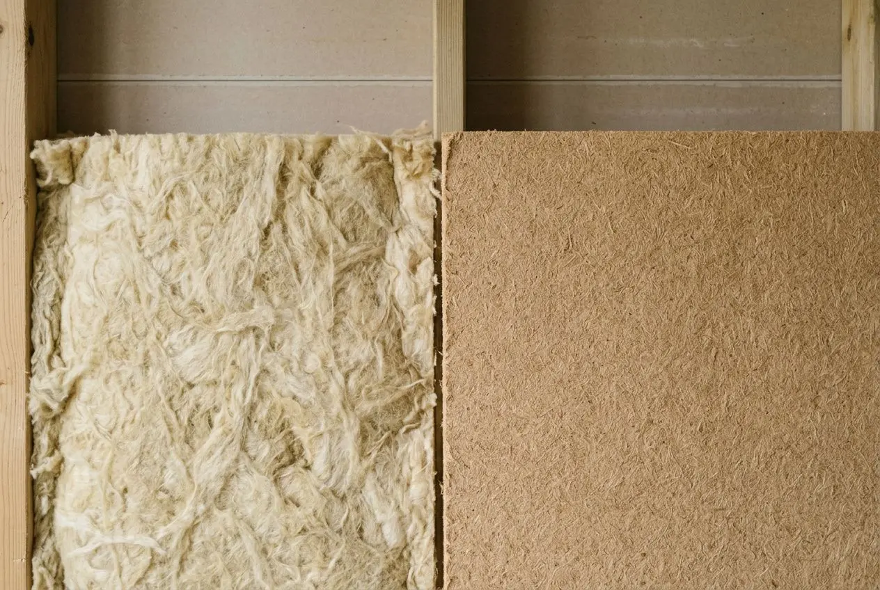 Comparatif: isolation intérieure montrant laine minérale et panneau contre-cloison, prêt à comparer avec l’isolation extérieure, différence isolation intérieure expliquée.