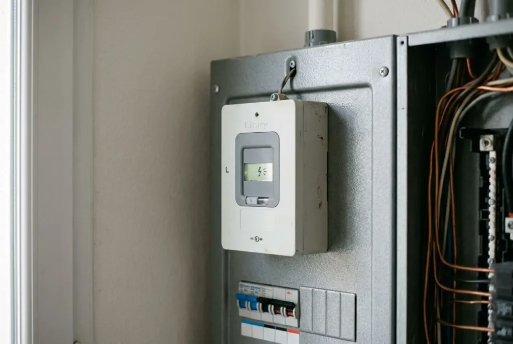 Compteur Linky installé dans un tableau électrique domestique, câbles visibles sur le côté. Altération: met en avant la question de consommation électrique anormalement élevée linky.