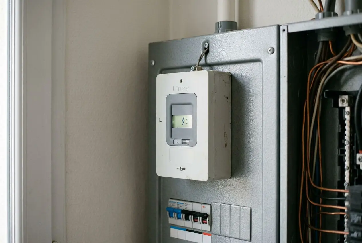Compteur Linky installé dans un tableau électrique domestique, câbles visibles sur le côté. Altération: met en avant la question de consommation électrique anormalement élevée linky.