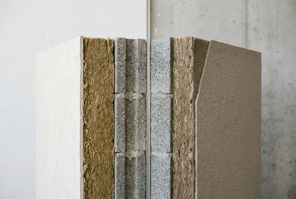 Différence isolation intérieure : échantillons de matériaux multicouches montrant différentes isolated surfaces et textures.