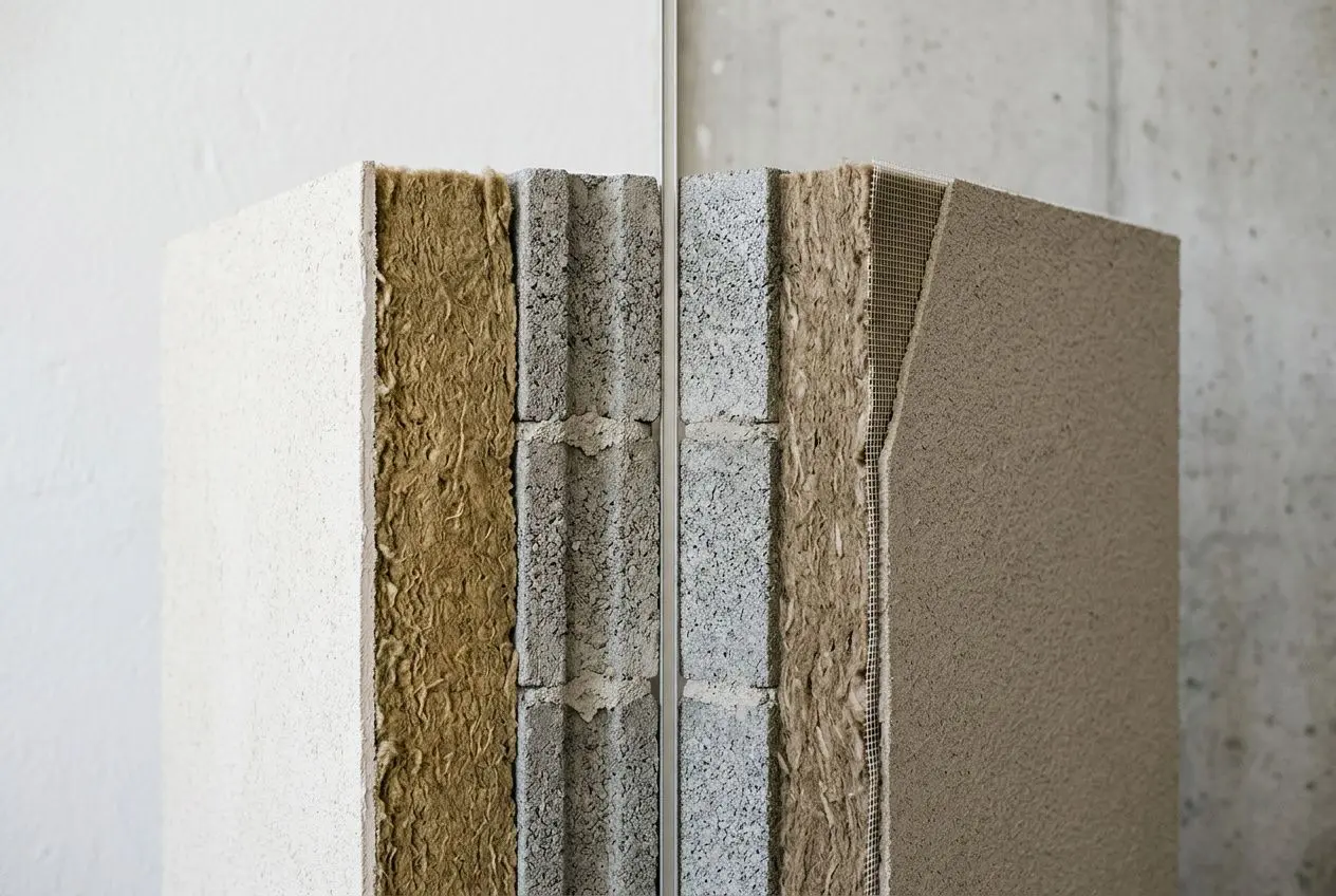 Différence isolation intérieure : échantillons de matériaux multicouches montrant différentes isolated surfaces et textures.