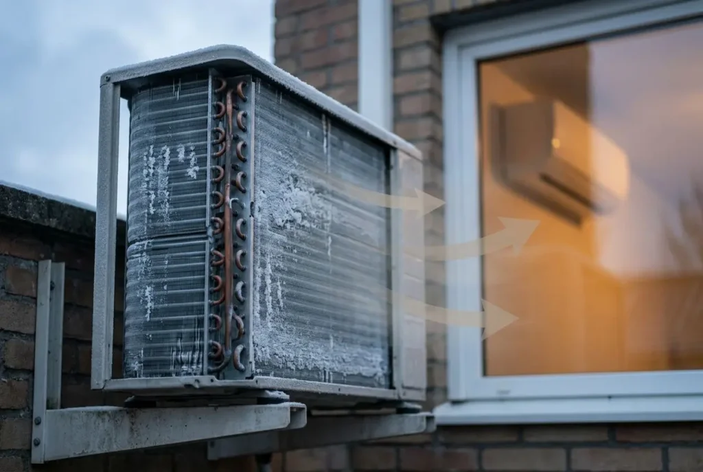 Échangeur de climatisation réversible extérieur partiellement recouvert de givre, connecté à l’unité intérieure près d’une fenêtre. climatisation chauffage hiver fonctionnement intégré.