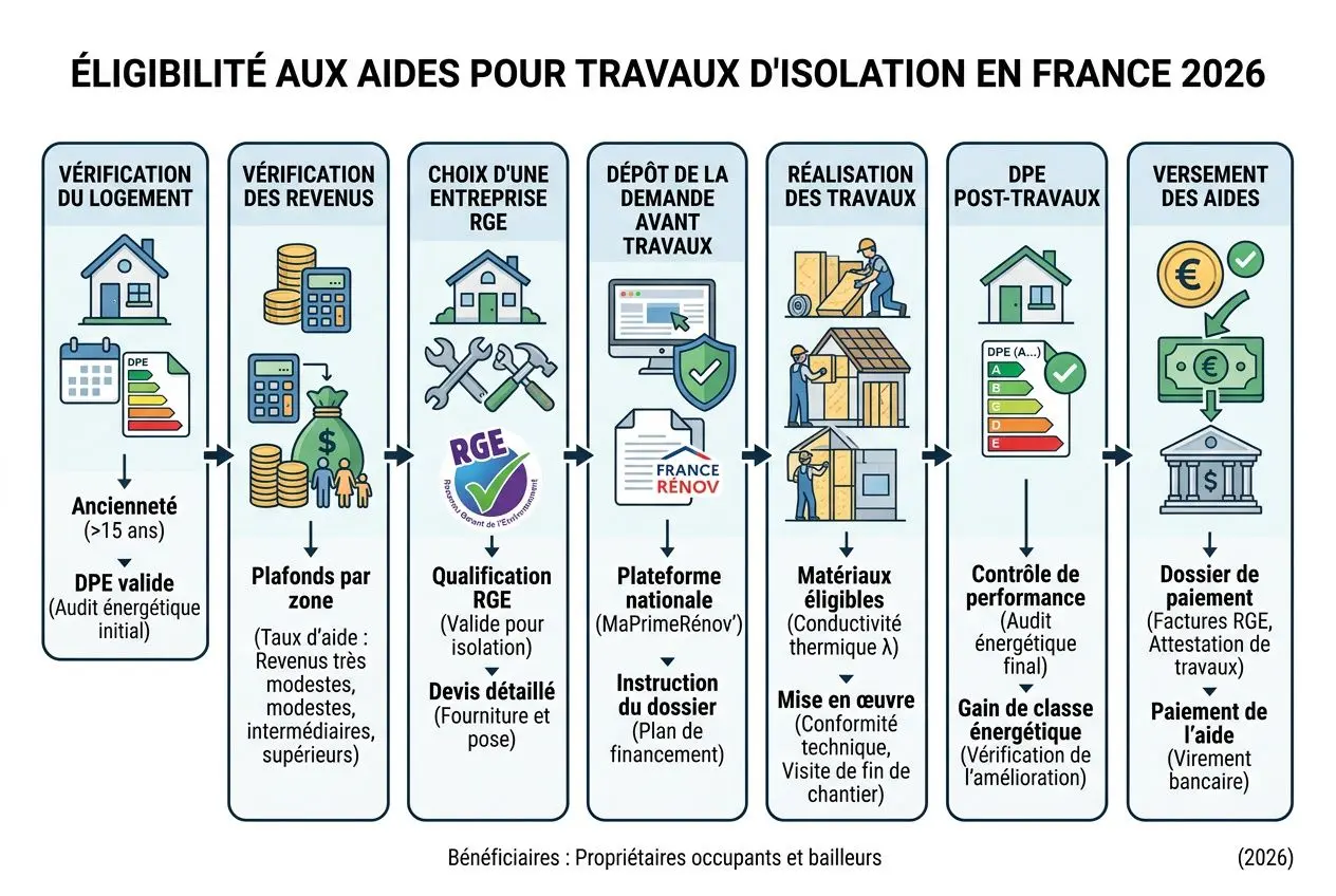 Éligibilité aux aides pour travaux d'isolation en France 2026, schéma montrant les étapes: vérification logement, vérification revenus, choix d’entreprise RGE, dépôt de la demande, réalisation des travaux, DPE post-travaux et versement des aides, avec logos et flèches guidant le parcours. Inclut le volet « aides financières subventions isolation extérieure 2026 ».