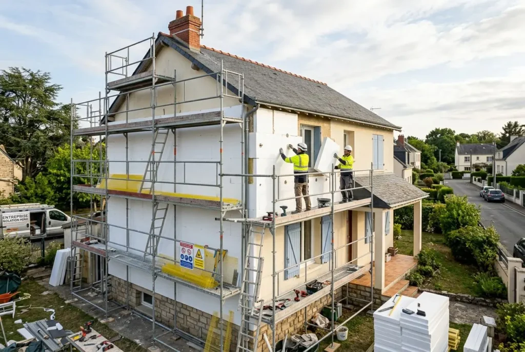 Extérieur d'une maison en rénovation avec échafaudage et ouvriers travaillant sur un chantier, isolation en cours et matériau posé sur les murs. aide financière et aides financières subventions isolation extérieure 2026.