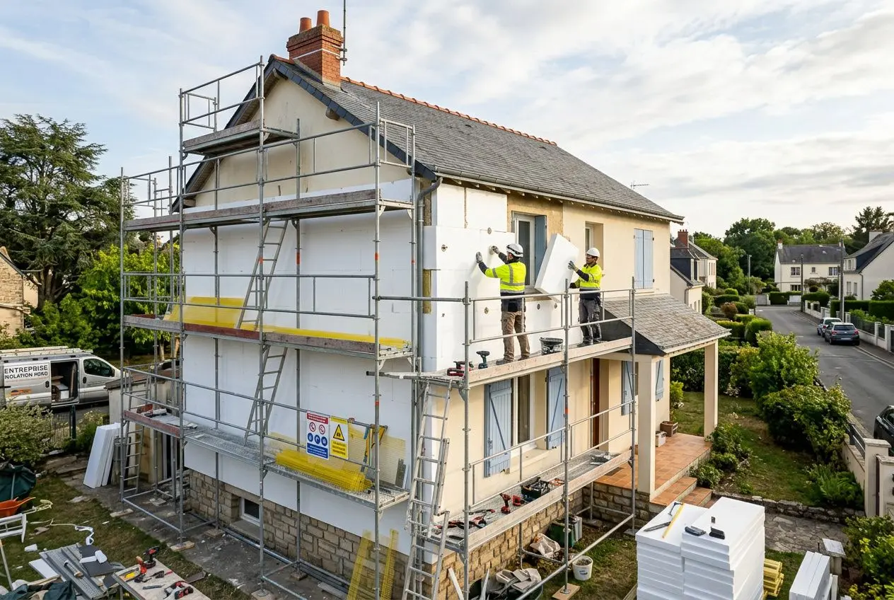 Extérieur d'une maison en rénovation avec échafaudage et ouvriers travaillant sur un chantier, isolation en cours et matériau posé sur les murs. aide financière et aides financières subventions isolation extérieure 2026.