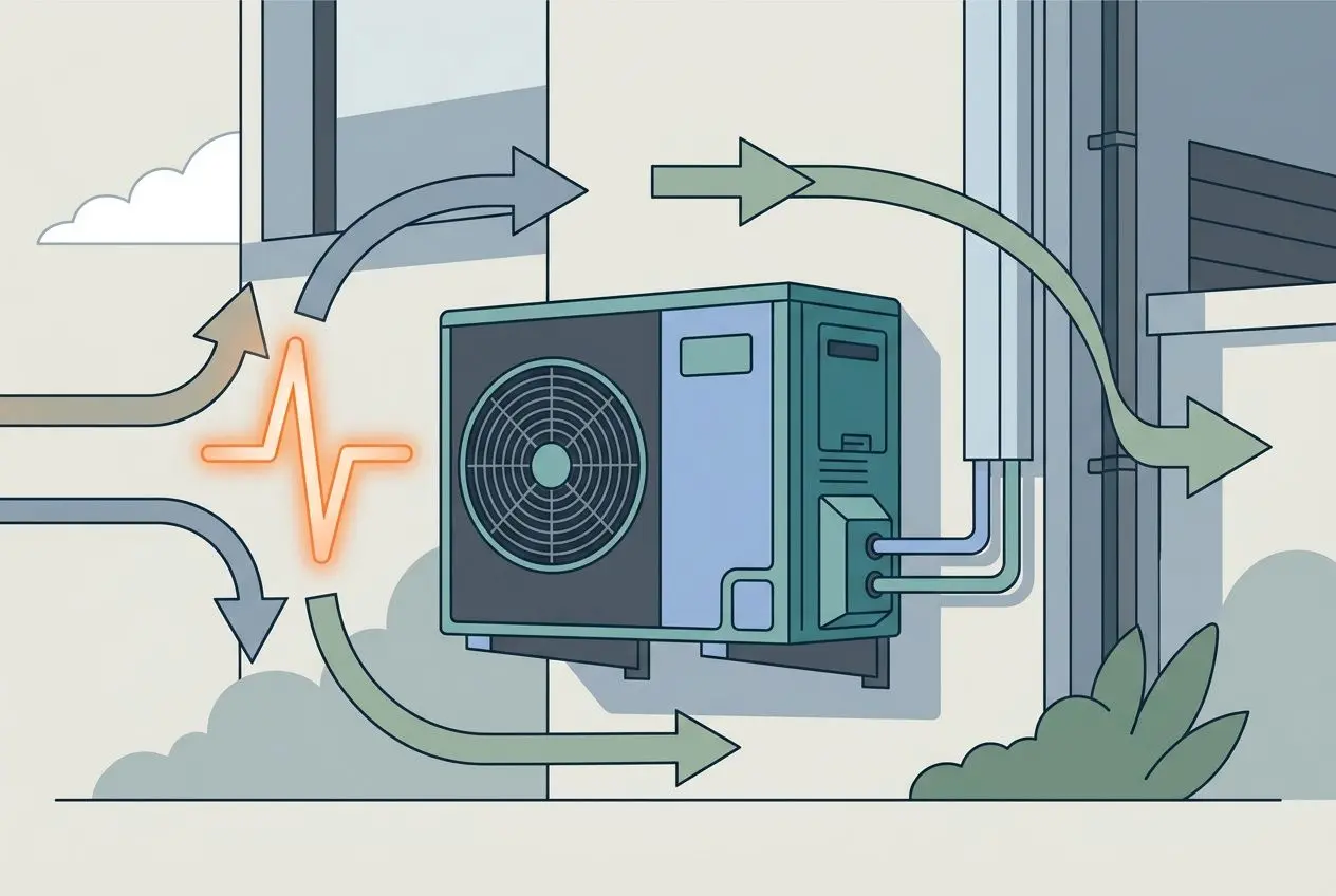 Illustration d’un ensemble climatisation/compteur avec flux d’énergie et flèches indiquant une consommation électrique anormalement élevée linky autour d’un appareil extérieur.