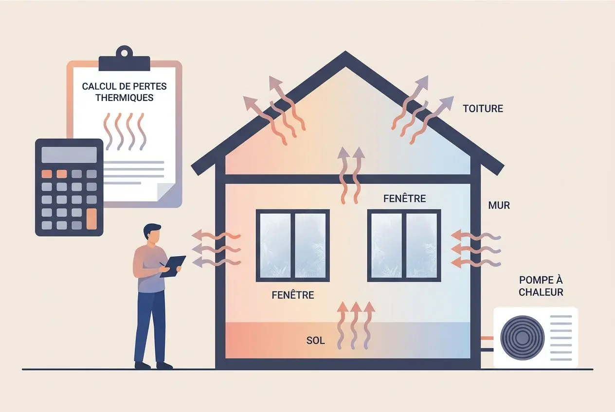 Illustration d’une pompe à chaleur murale à côté d’un schéma de maison, avec calcul de pertes thermiques et flèches montrant les échanges chaleur/intérieur et extérieur. Intègre le sujet pompe à chaleur hiver efficacité performances.