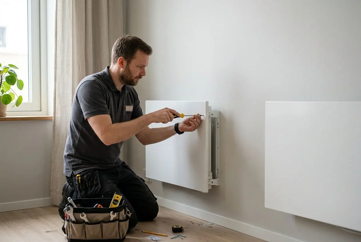 Installateur posant et connectant un radiateur ou élément de chauffage mural, outils à ses côtés, dans une pièce lumineuse. chauffe gaz ou électrique comment savoir.