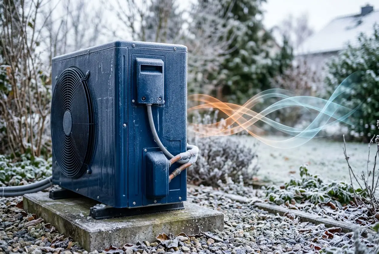 Pompe à chaleur extérieure en hiver: fonctionnement et performances sous grand froid, avec flux d’air chaud sortant de l’unité sous neige.