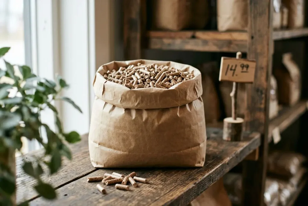 Sac de pellets de bois prêt à être utilisé, posé sur une table en bois dans une boutique, avec étiquette de prix en arrière-plan. Se chauffer au pellet rentable.