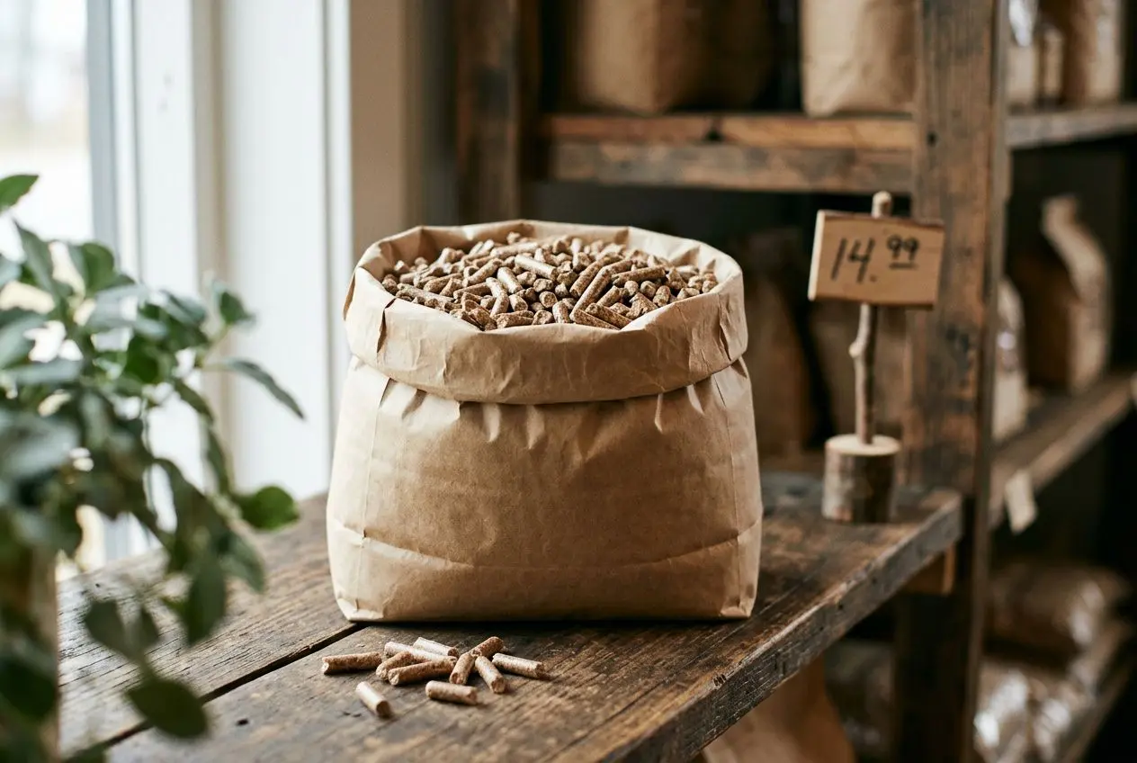 Sac de pellets de bois prêt à être utilisé, posé sur une table en bois dans une boutique, avec étiquette de prix en arrière-plan. Se chauffer au pellet rentable.