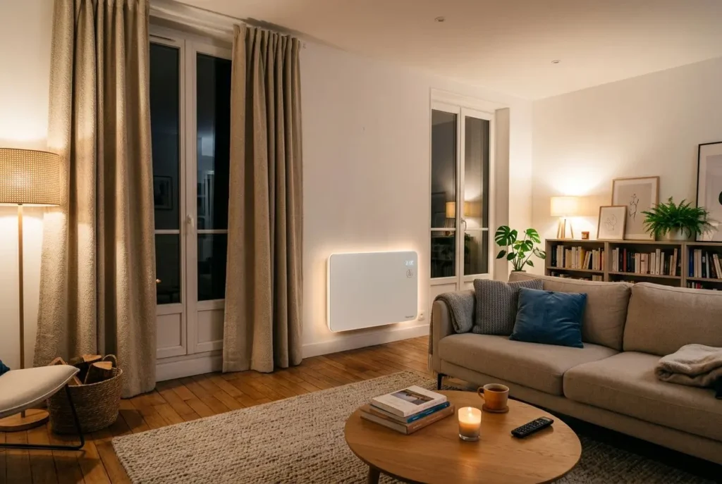 Salon cosy éclairé avec radiateur mural blanc, canapé beige, table basse ronde et livres sur l’étagère; ambiance chaude et économique pour appartement.