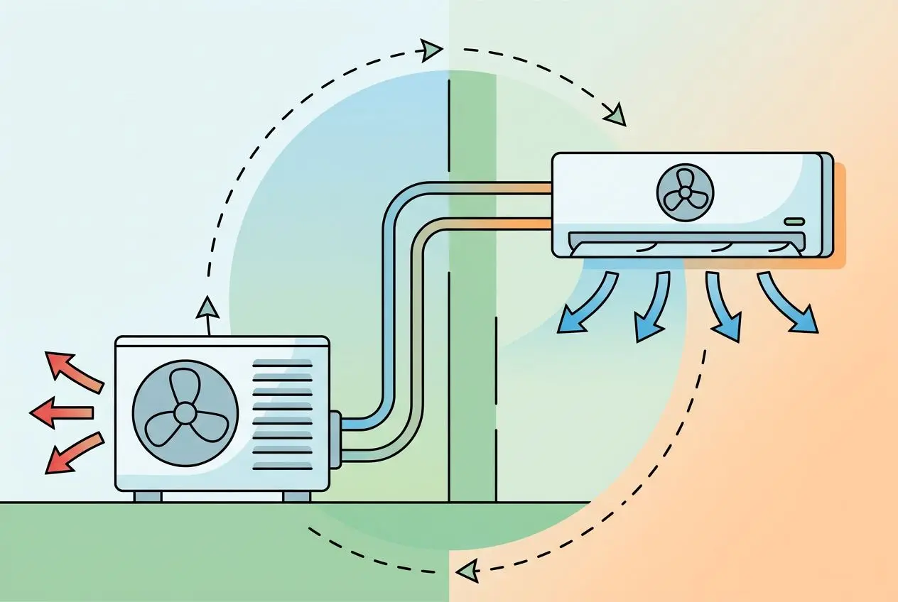 Schéma d’installation de climatisation: unité extérieure reliée à un module intérieur par des conduits, montrant circulation d’air et flux de ventilateur. climatisation choisir pour une maison intégrée.