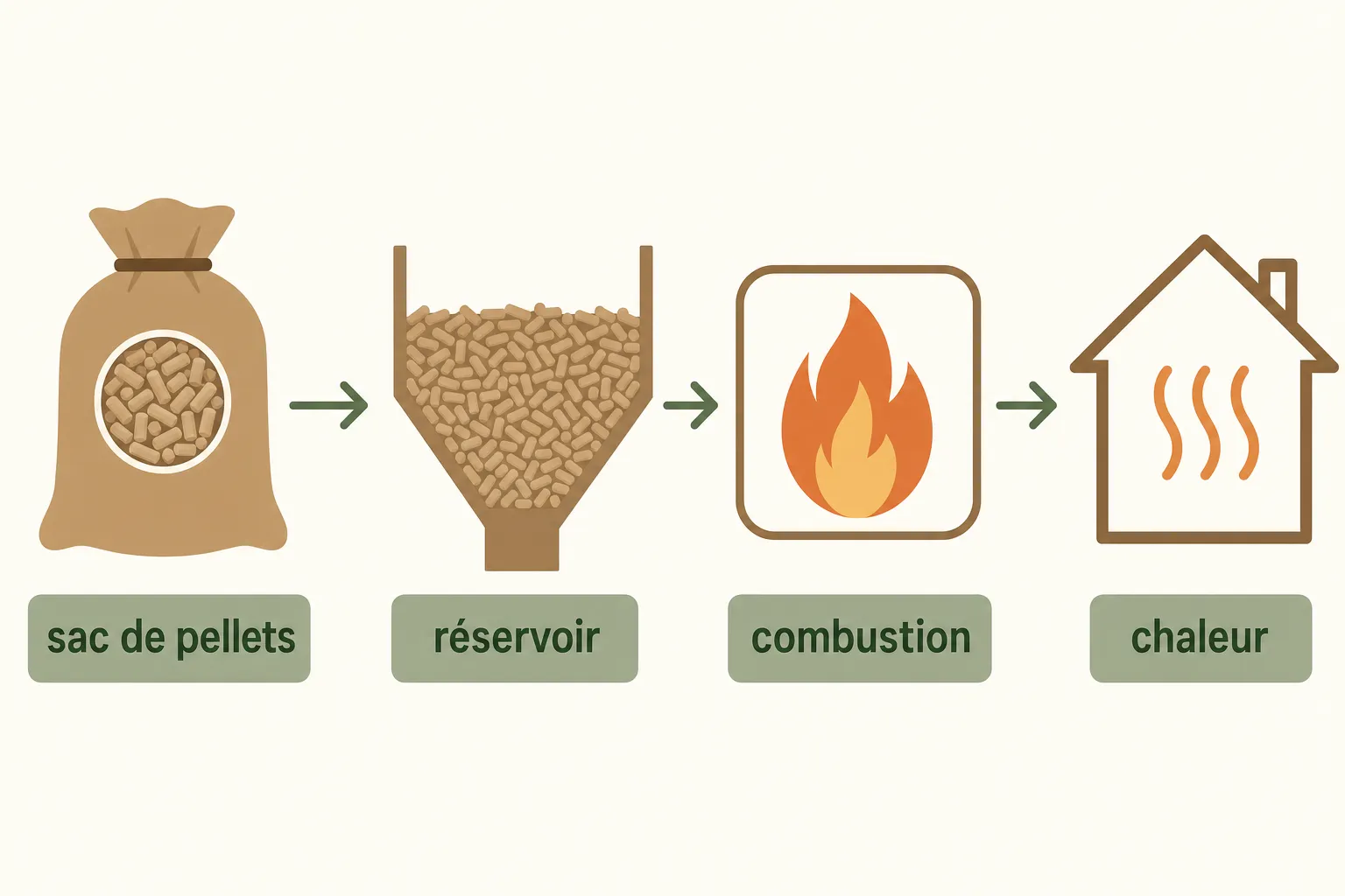 Schéma simple: sac de pellets → réservoir → combustion → chaleur, illustrant le processus du chauffage au pellet. Se chauffer au pellet rentable.