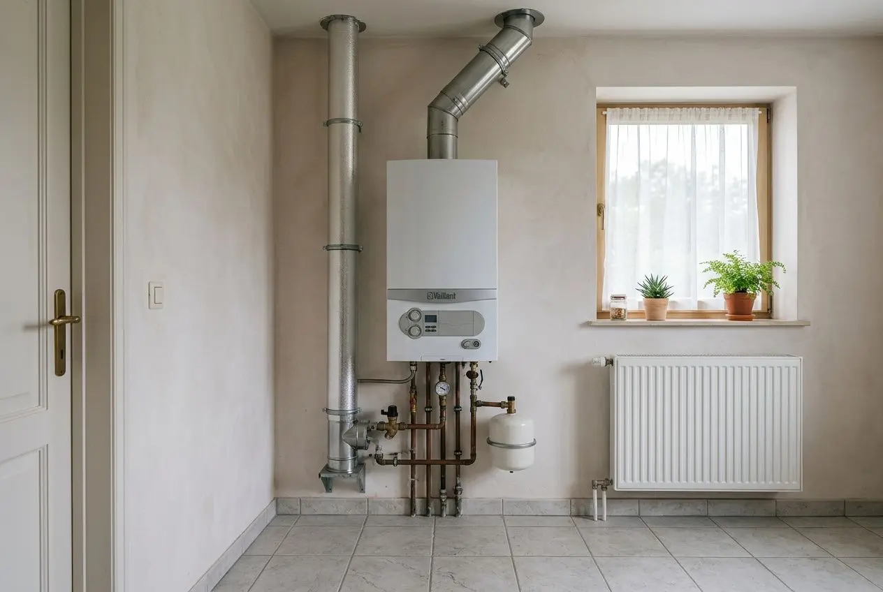 Système de chauffage gaz ou électrique installé dans une pièce, avec chaudière murale, canalisations et blocage près d’un radiateur, près d’une fenêtre avec plantes.