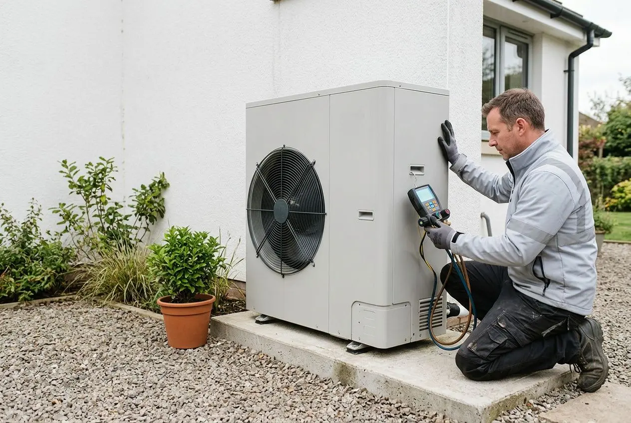 Technicien effectuant l’entretien d’une pompe à chaleur air-eau extérieure, mesurant et vérifiant les conduits avec un manomètre et un écran de contrôle.