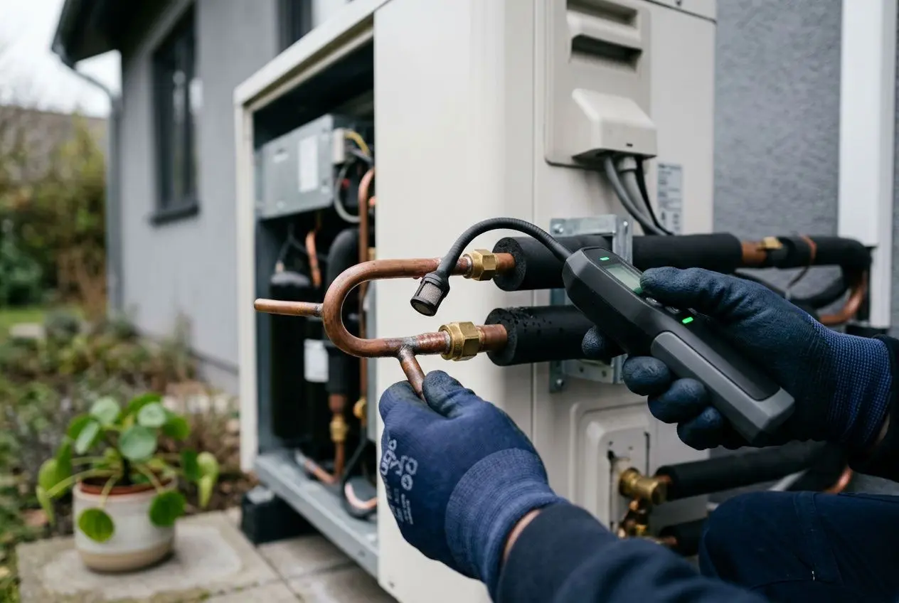 Technicien mesurant et inspectant les raccords d’un panneau de pompe à chaleur air-eau avec outils, en extérieur. intégrant le thème : comment entretenir une pompe à chaleur air eau.