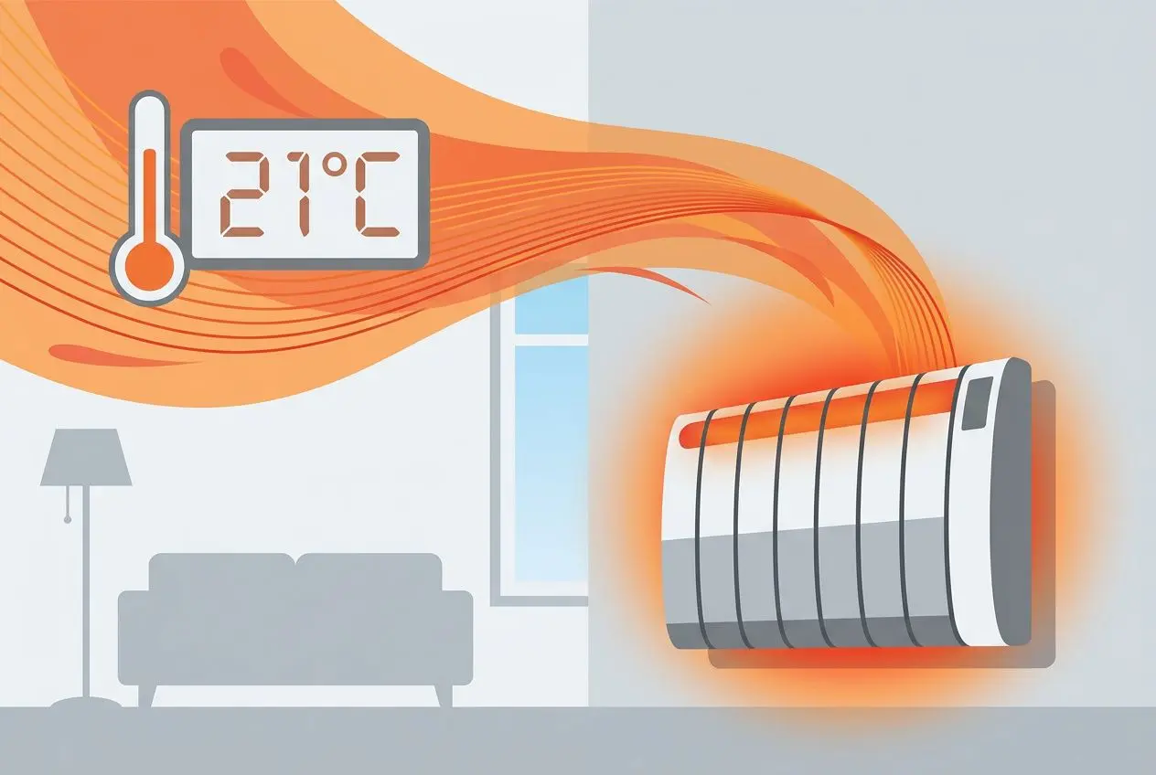 Thermostat et flammes visuelles autour d’un radiateur électrique en surchauffe, affichant 21°C et émanations orange, lié à une consommation électrique anormalement élevée linky.