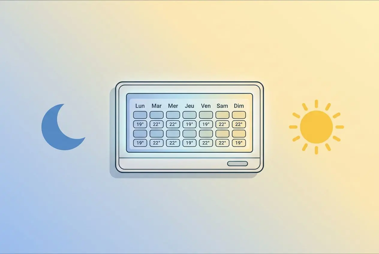 Affichage d’un thermostat avec programmation jour/nuit, soleil à droite et lune à gauche, illustrant l’ajustement thermique selon le jour et la nuit pour une pompe à chaleur. arrêteR pompe à chaleur air air la nuit.