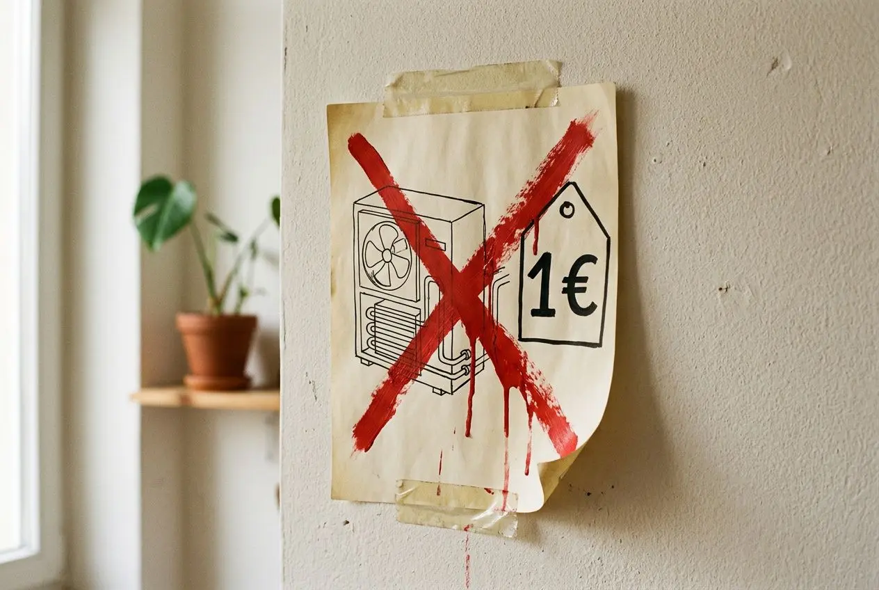 Affiche collée sur un mur avec une machine et le texte « 1€ » barrés d’un gros X rouge, illustration d’une pompe à chaleur non à 1 €.