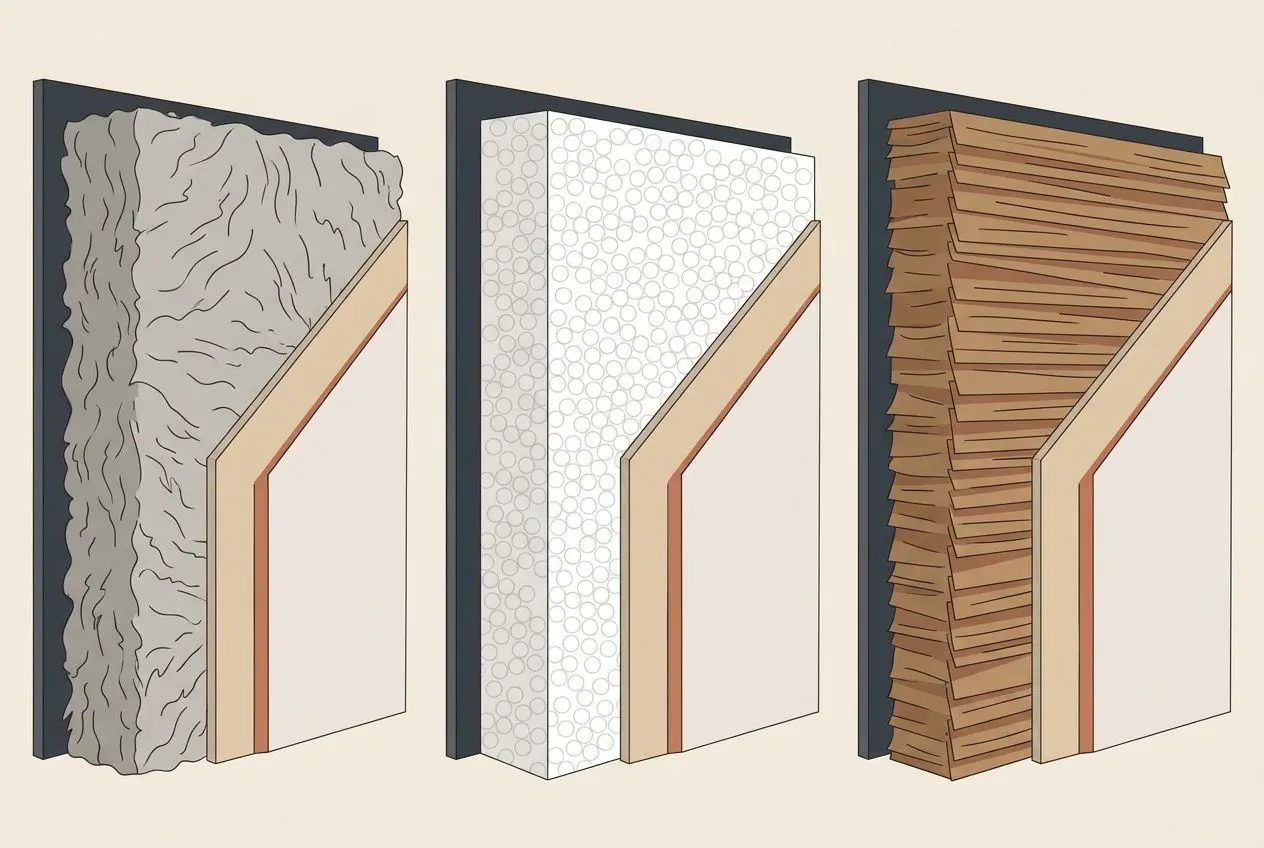 Illustration montrant trois murs avec isolation par l'extérieur: matériaux isolants variés autour d'un mur et d'une façade, concept “c quoi isoler par l'extérieur”.