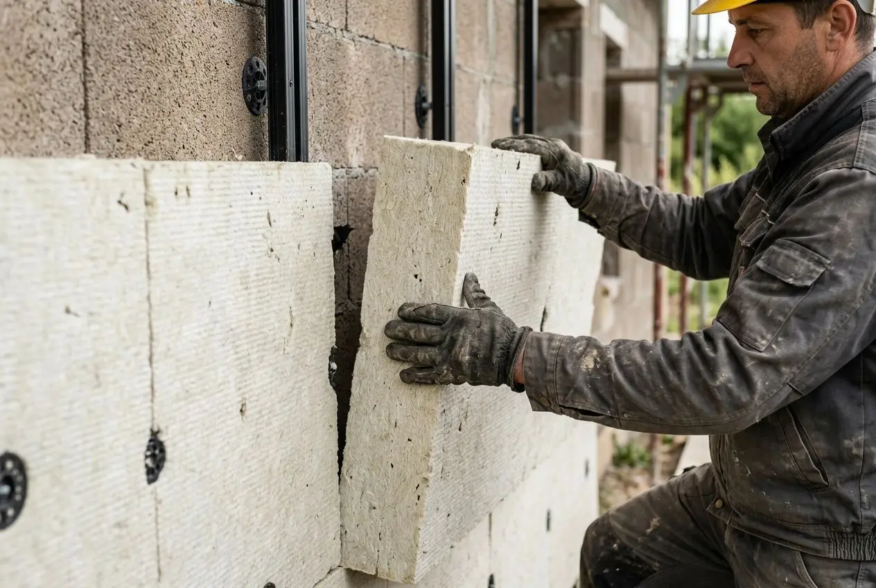 Ouverture d’enveloppe murale avec des panneaux isolants pour l’isolation par l’extérieur (ITE) sur chantier. c quoi isoler par l'extérieur, technique thermique.