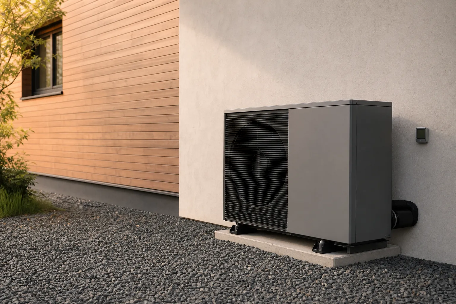 Pompe à chaleur extérieure près d’un mur, sur dalle, reliée au logement de 100 m². puissance en kw pour 100m2 adaptée au chauffage et compteur.