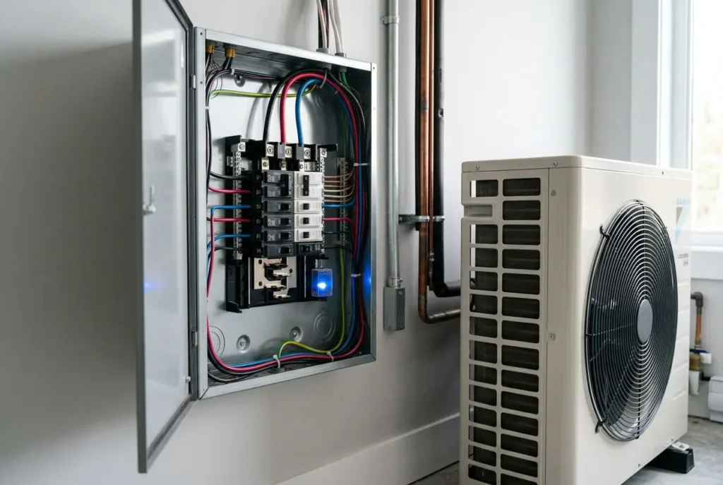 Pompe à chaleur et tableau électrique: disjonctement possible, mise en avant des composants du circuit et du boîtier extérieur.