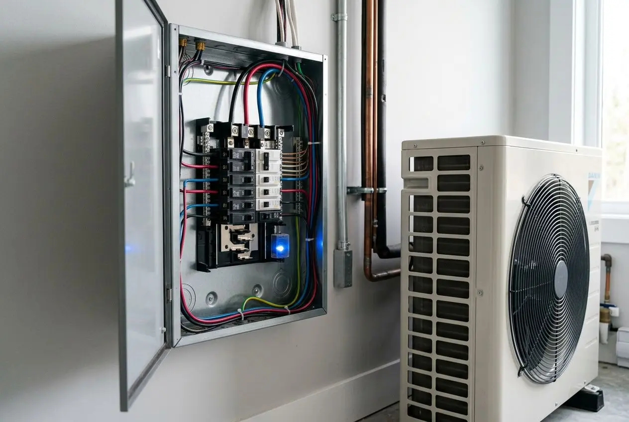 Pompe à chaleur et tableau électrique: disjonctement possible, mise en avant des composants du circuit et du boîtier extérieur.