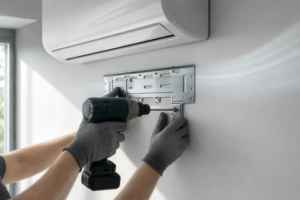 Préparation d’installation : pose d’un support mural et vissage d’un support de climatiseur sur le mur avec une perceuse.installer soi même son climatiseur
