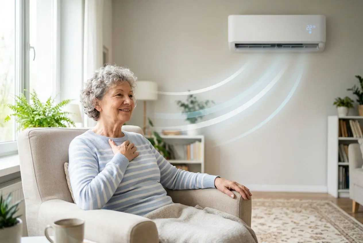 Sage femme souriante assise sur un canapé, climatisation murale en fonctionnement et flux d’air visible, ambiance domicile calme et confortable. climatisation pour les asthmatiques.