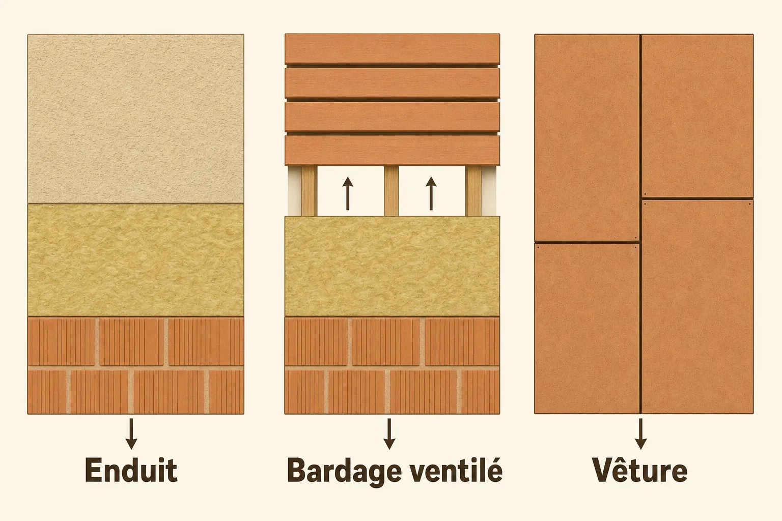 Schéma d’isolation par l’extérieur en trois étapes: Enduit posé, bardage ventilé avec couche isolante, puis vêture extérieure en briques, démontrant le principe de c quoi isoler par l'extérieur.
