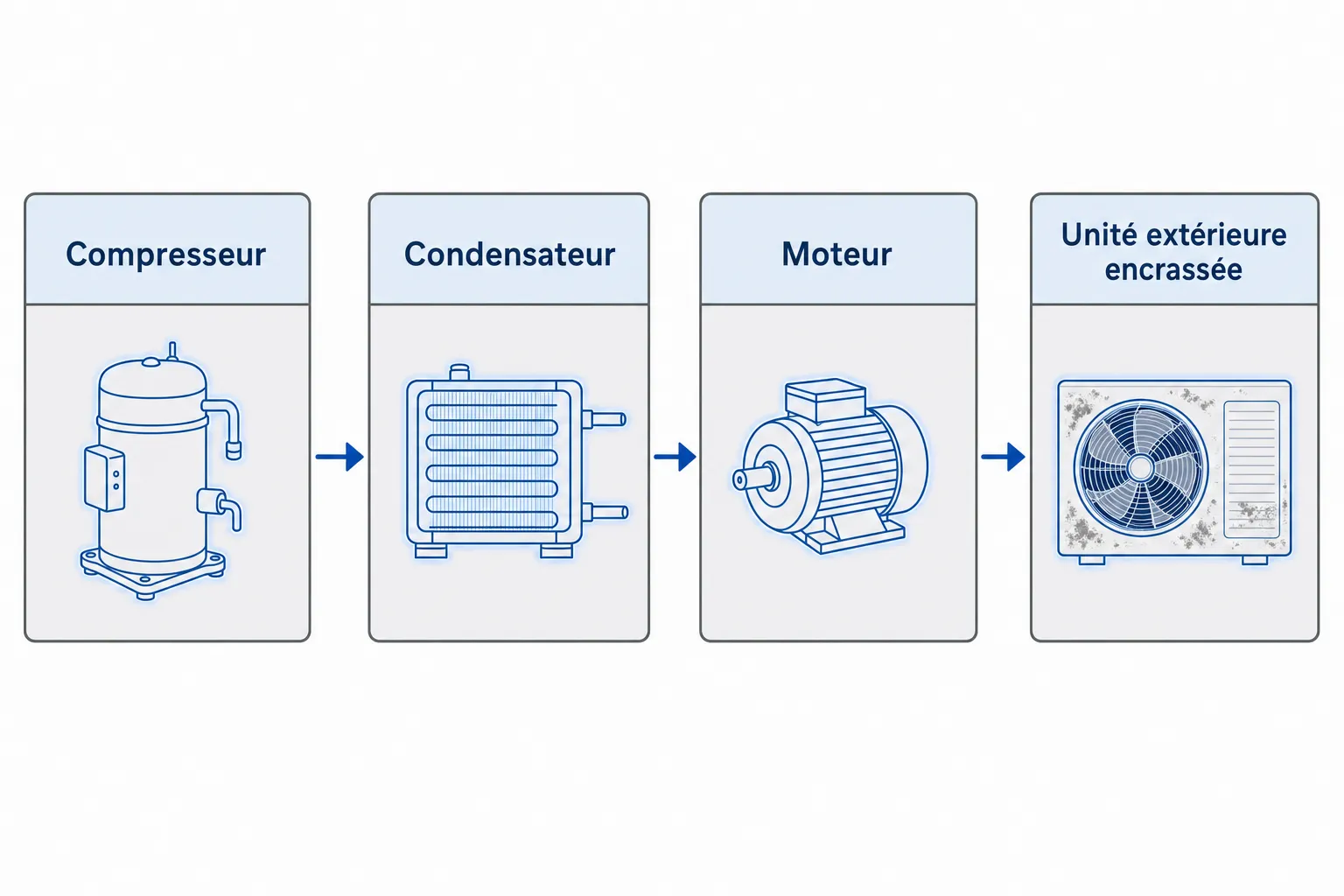 Schéma simplifié d’un circuit pompe à chaleur montrant les composants: compresseur, condensateur, moteur et unité extérieure encrassée. Pompe chaleur fait disjoncter compteur?