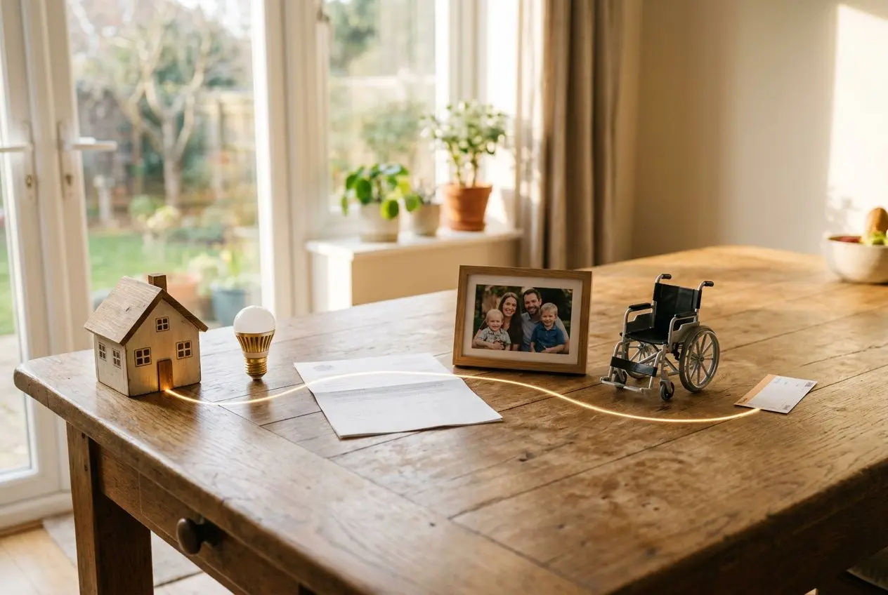 Table en bois avec small maison miniature, lampe et photos, près d’une fenêtre; un fauteuil roulant minuscule et des documents sur la table. aide de l'état comment ça marche