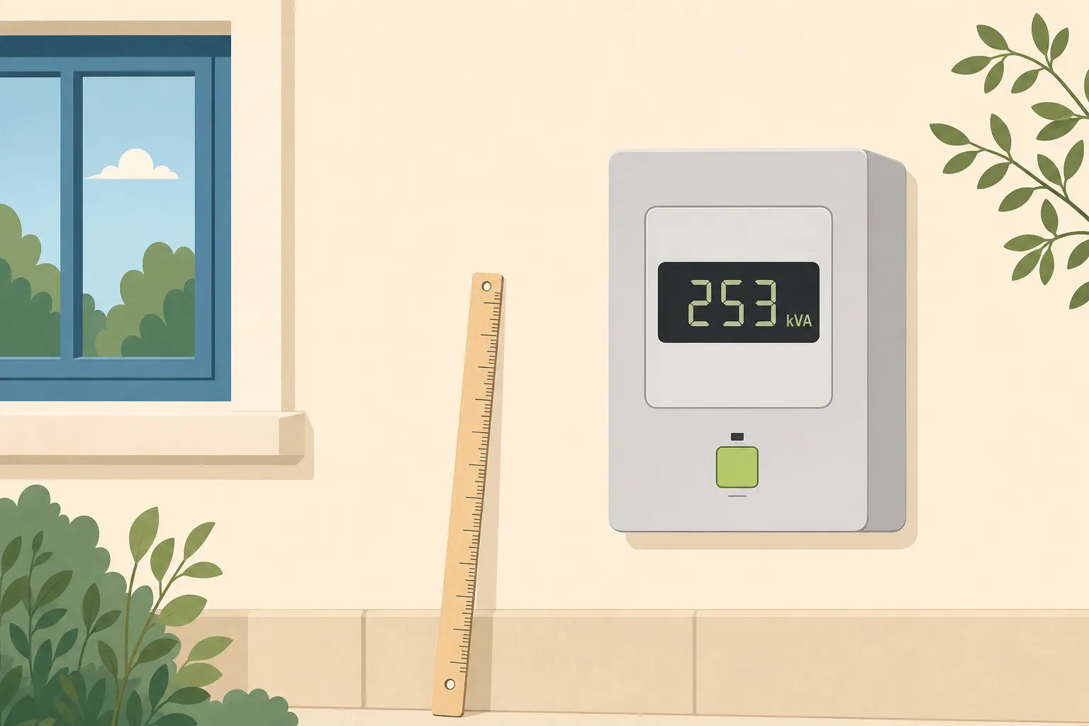 Tableau électrique mural affichant 253 kVA près d’une rumeur de 100 m² et une règle en bois à côté, pictogramme d’éclairage. Puissance en kw pour 100m2.