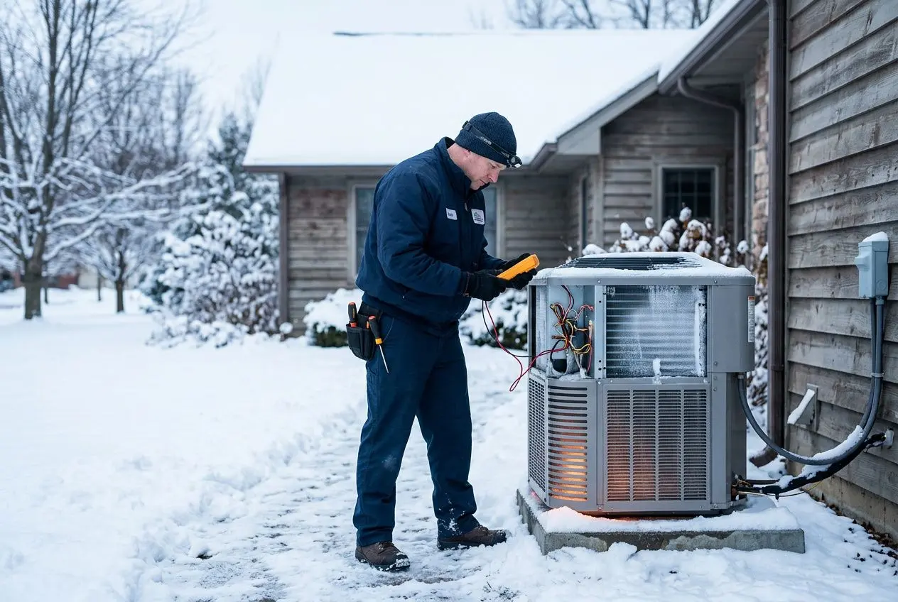 Technicien effectuant des tests sur une pompe à chaleur air-air dehors par temps neigeux, près d’une maison. arrête pompe à chaleur air air la nuit n’est pas visible ici.