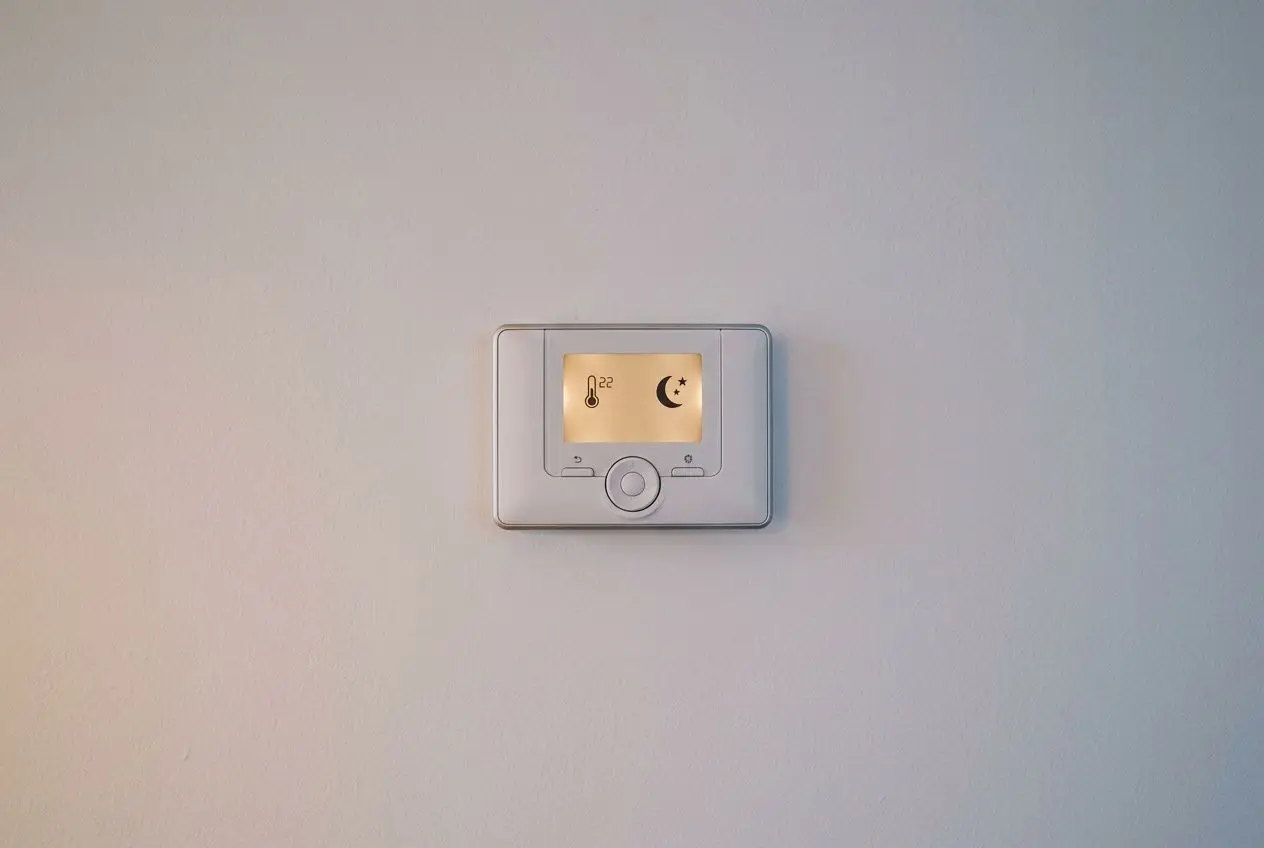 Thermostat mural montrant une consigne réglée, symbole lune et thermomètre, idée d’effets nuit sur pompe à chaleur air-air. arrêtez pompe à chaleur air air la nuit idée suggérée.
