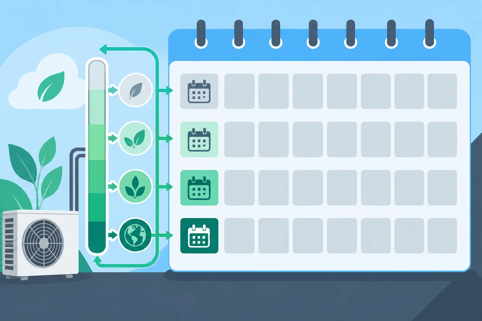 Calendrier illustrant des contrôles d’étanchéité avec des icônes de chaque mois sur une page de calendrier, à côté d’un mur