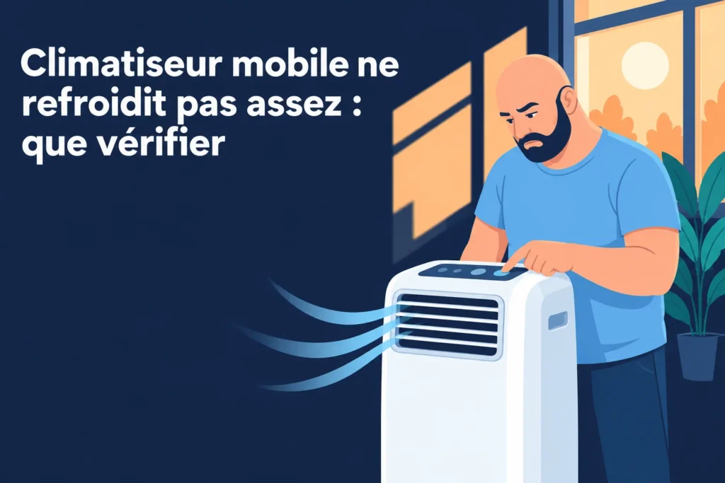 Climatiseur mobile en fonctionnement avec un homme qui ajuste ses réglages à côté.