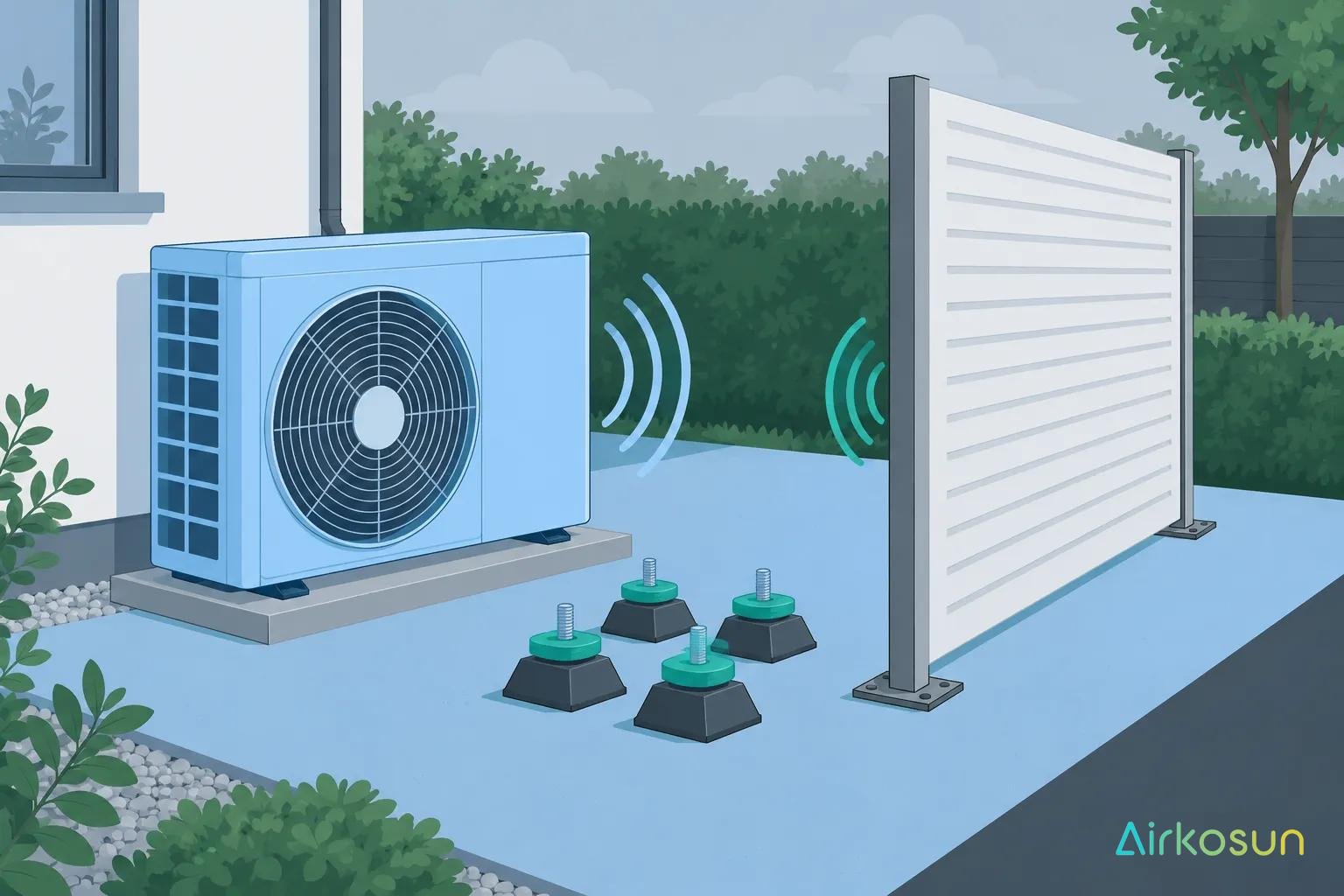 Équipement de pompe à chaleur extérieure près d’un mur séparateur, posé sur une dalle avec quatre plots antivibration